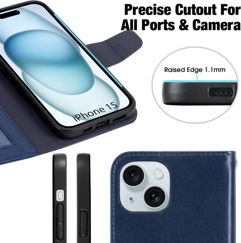 Arae Compatible with iPhone 15 Case with Card Holder and Wrist Strap Wallet Flip Cover for iPhone 15 6.1 inch,Blue - Image 4